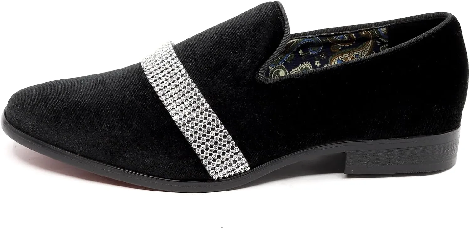 Metrocharm Men's Velvet Smoking Slipper with Rhinestone Embellished Strap Dress Tuxedo Loafer Slip On Shoe SM-10