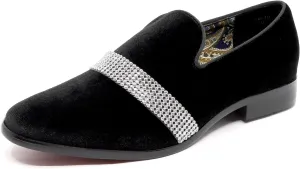 Metrocharm Men's Velvet Smoking Slipper with Rhinestone Embellished Strap Dress Tuxedo Loafer Slip On Shoe SM-10