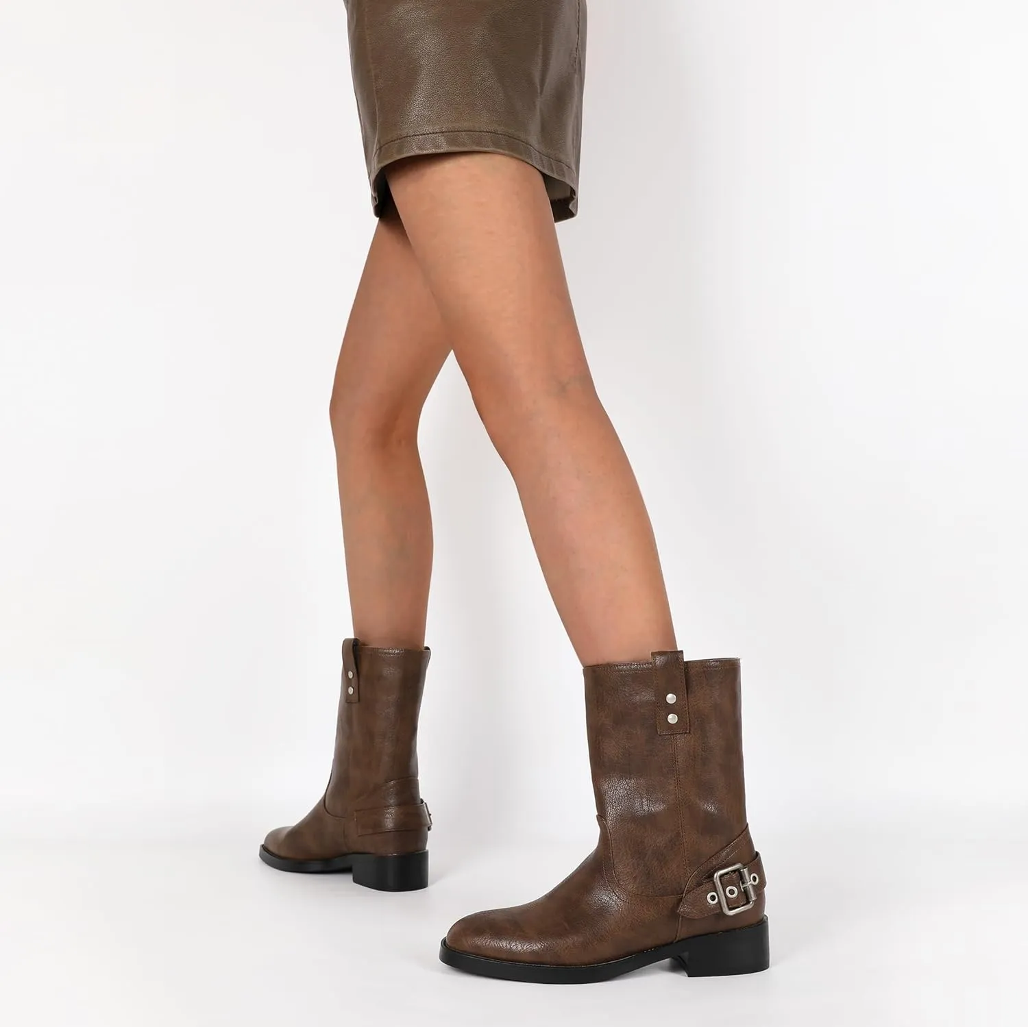Mettesally Women Mid Calf Boots Chunky Low Heel Ankle Boots Riding Motorcycle Fall Boots 1.4 Inch