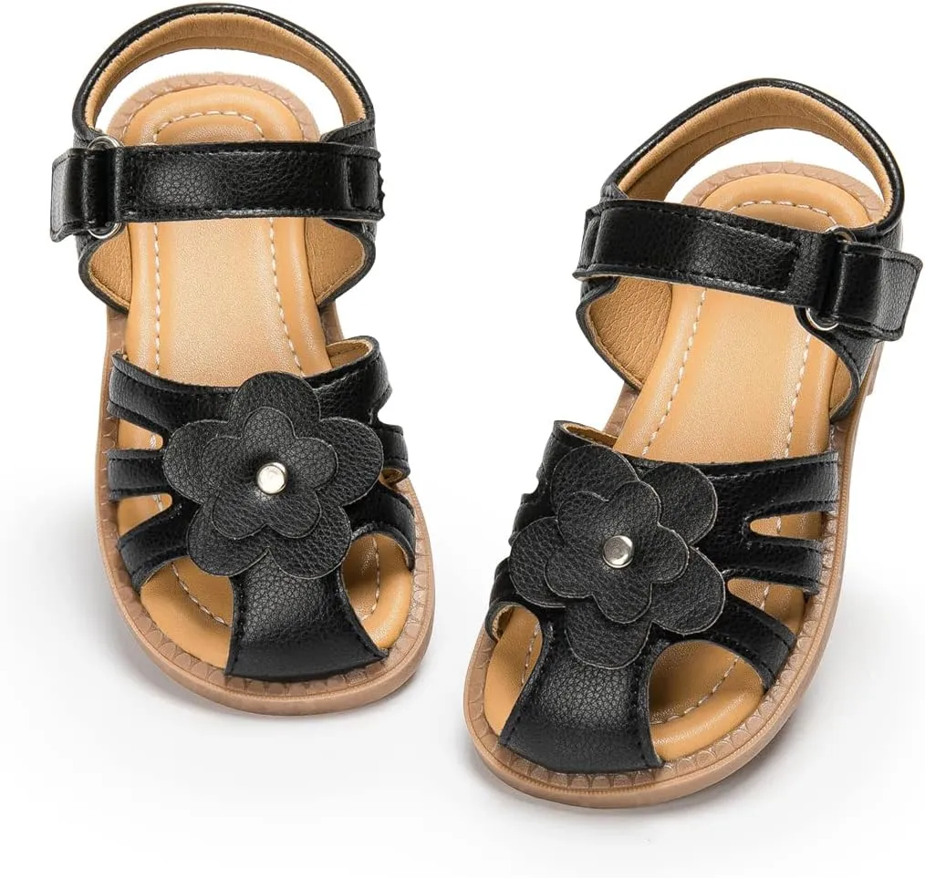 Miamooi Toddler Girls Summer Sandals Little Kid Open Toe Princess Dress Flats Sandals PU Leather Rubber Sole Wedding School Shoes