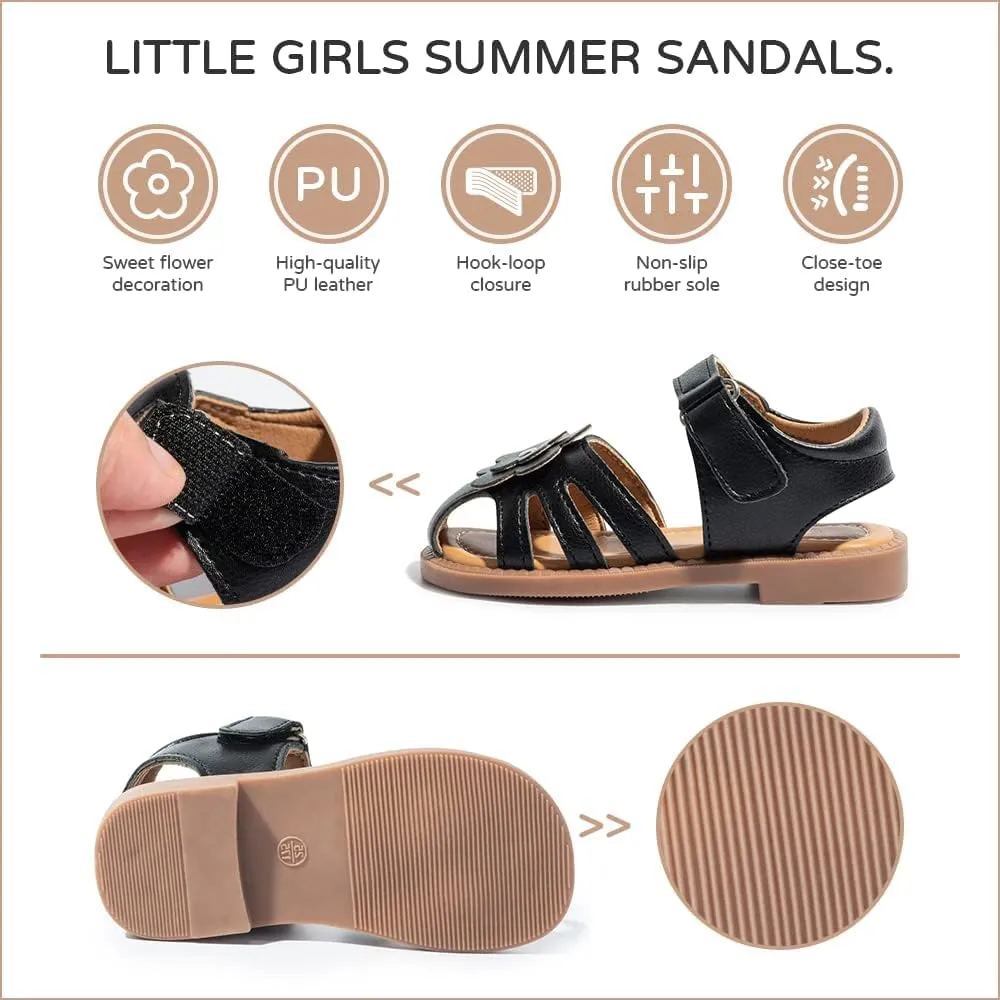 Miamooi Toddler Girls Summer Sandals Little Kid Open Toe Princess Dress Flats Sandals PU Leather Rubber Sole Wedding School Shoes