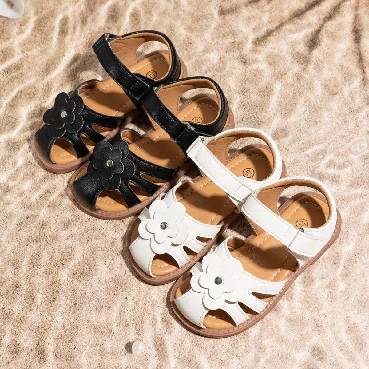 Miamooi Toddler Girls Summer Sandals Little Kid Open Toe Princess Dress Flats Sandals PU Leather Rubber Sole Wedding School Shoes