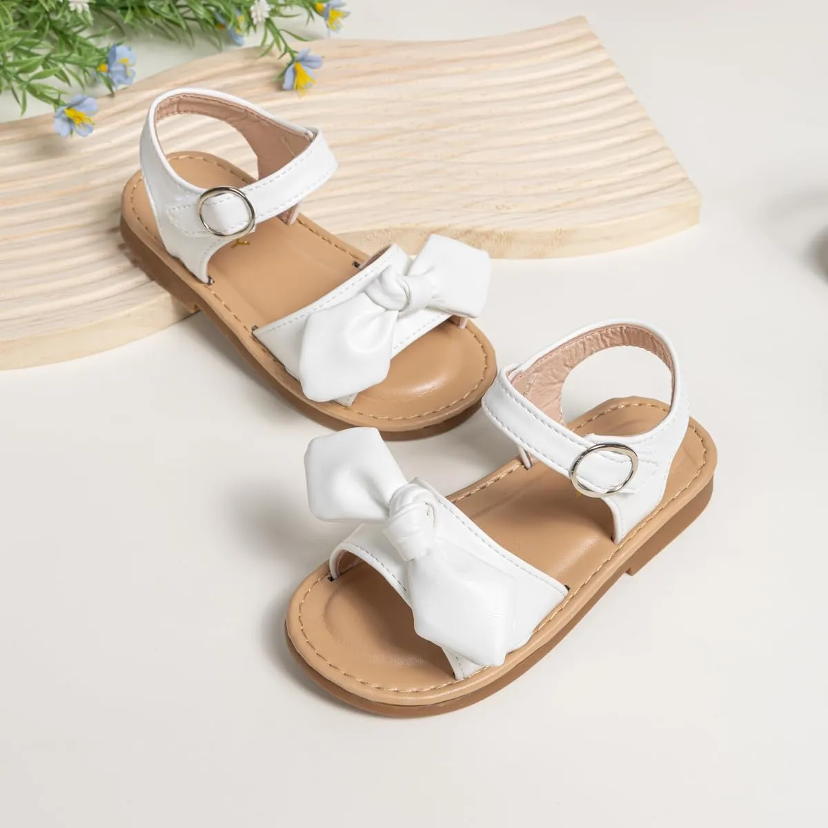 Miamooi Toddler Girls Summer Sandals Little Kid Open Toe Princess Dress Flats Sandals PU Leather Rubber Sole Wedding School Shoes