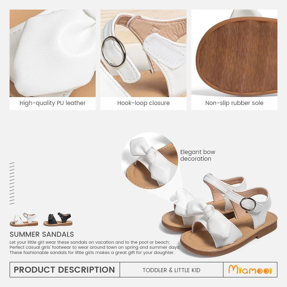 Miamooi Toddler Girls Summer Sandals Little Kid Open Toe Princess Dress Flats Sandals PU Leather Rubber Sole Wedding School Shoes