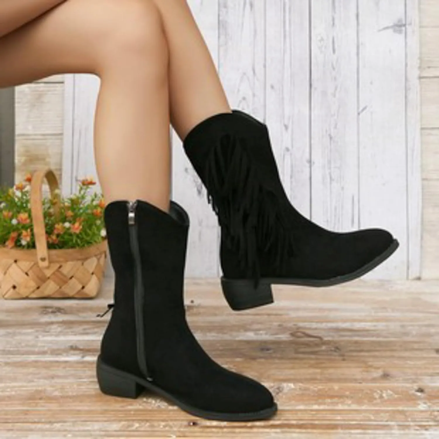 Mid Calf Boots for Women Ankle Boots for Women Fashion Women's Tassel Pointed Toe Side Zipper Chunky Heel Ankle Boots