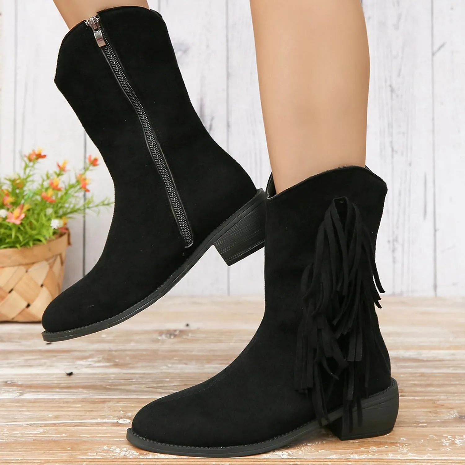 Mid Calf Boots for Women Ankle Boots for Women Fashion Women's Tassel Pointed Toe Side Zipper Chunky Heel Ankle Boots