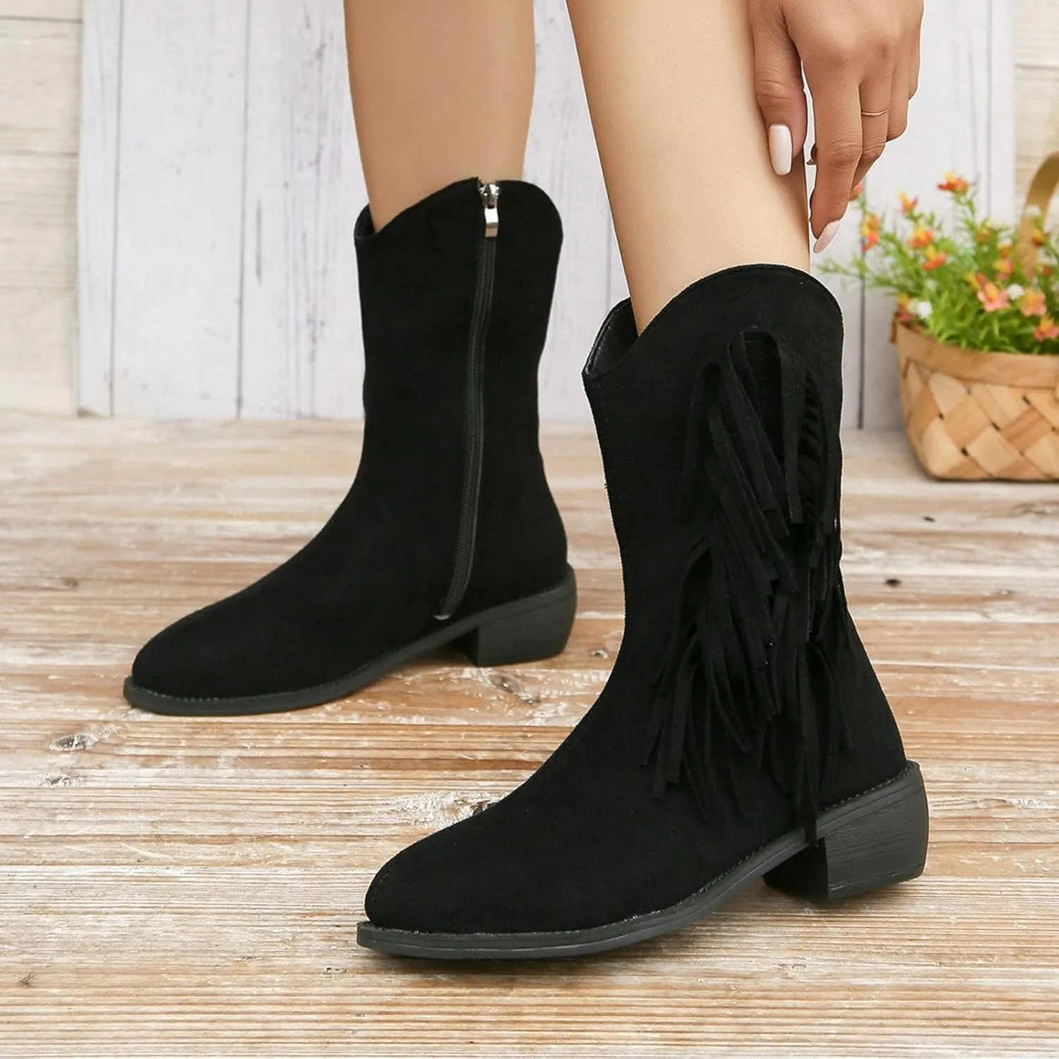 Mid Calf Boots for Women Ankle Boots for Women Fashion Women's Tassel Pointed Toe Side Zipper Chunky Heel Ankle Boots