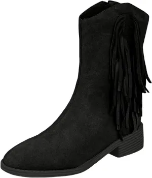 Mid Calf Boots for Women Ankle Boots for Women Fashion Women's Tassel Pointed Toe Side Zipper Chunky Heel Ankle Boots