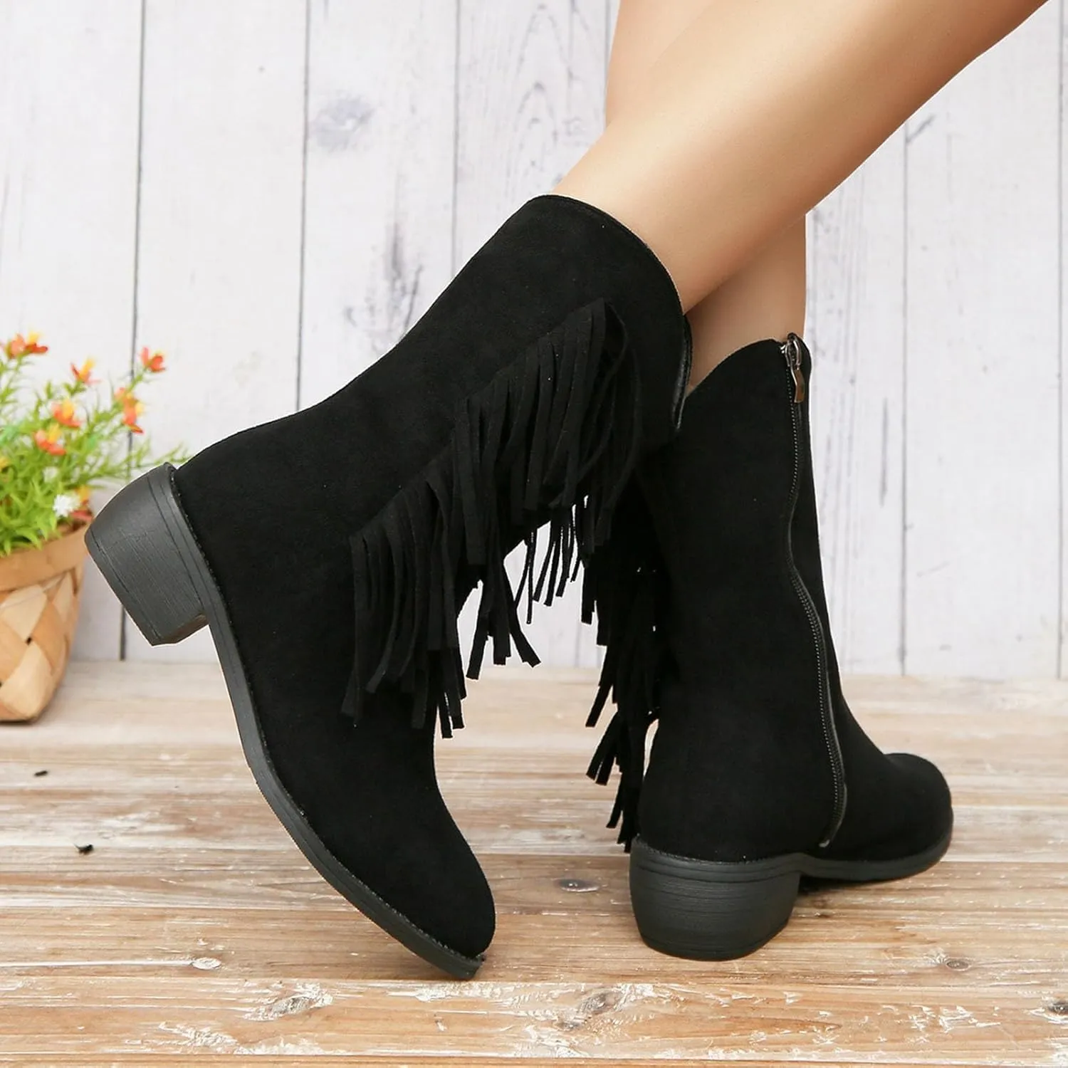 Mid Calf Boots for Women Ankle Boots for Women Fashion Women's Tassel Pointed Toe Side Zipper Chunky Heel Ankle Boots