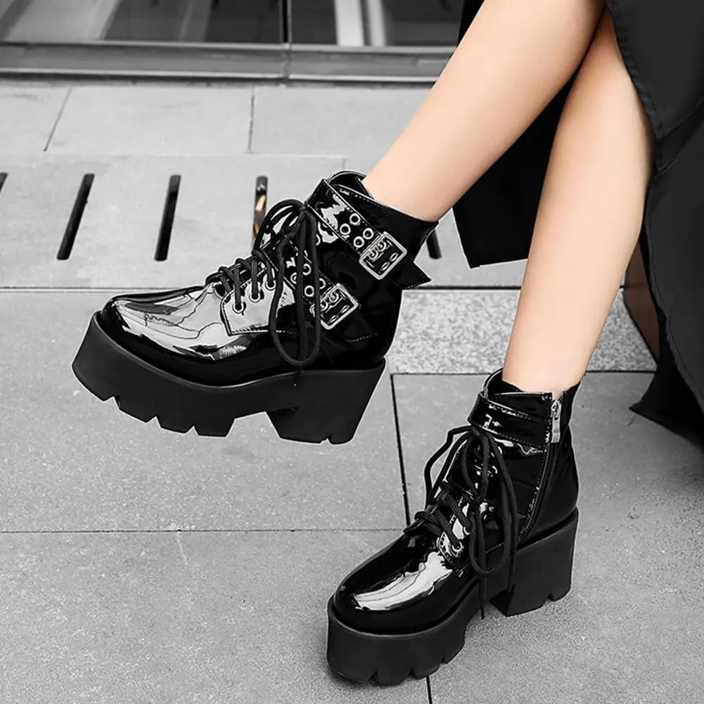 mikarka Women's Chain Platform Boots Lace Up & Zipper Chunky Heel Black Combat Ankle Booties Fashion Studded Motorcycle Boots