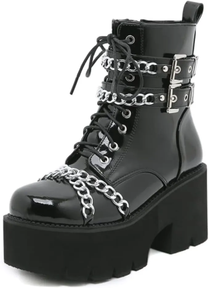 mikarka Women's Chain Platform Boots Lace Up & Zipper Chunky Heel Black Combat Ankle Booties Fashion Studded Motorcycle Boots
