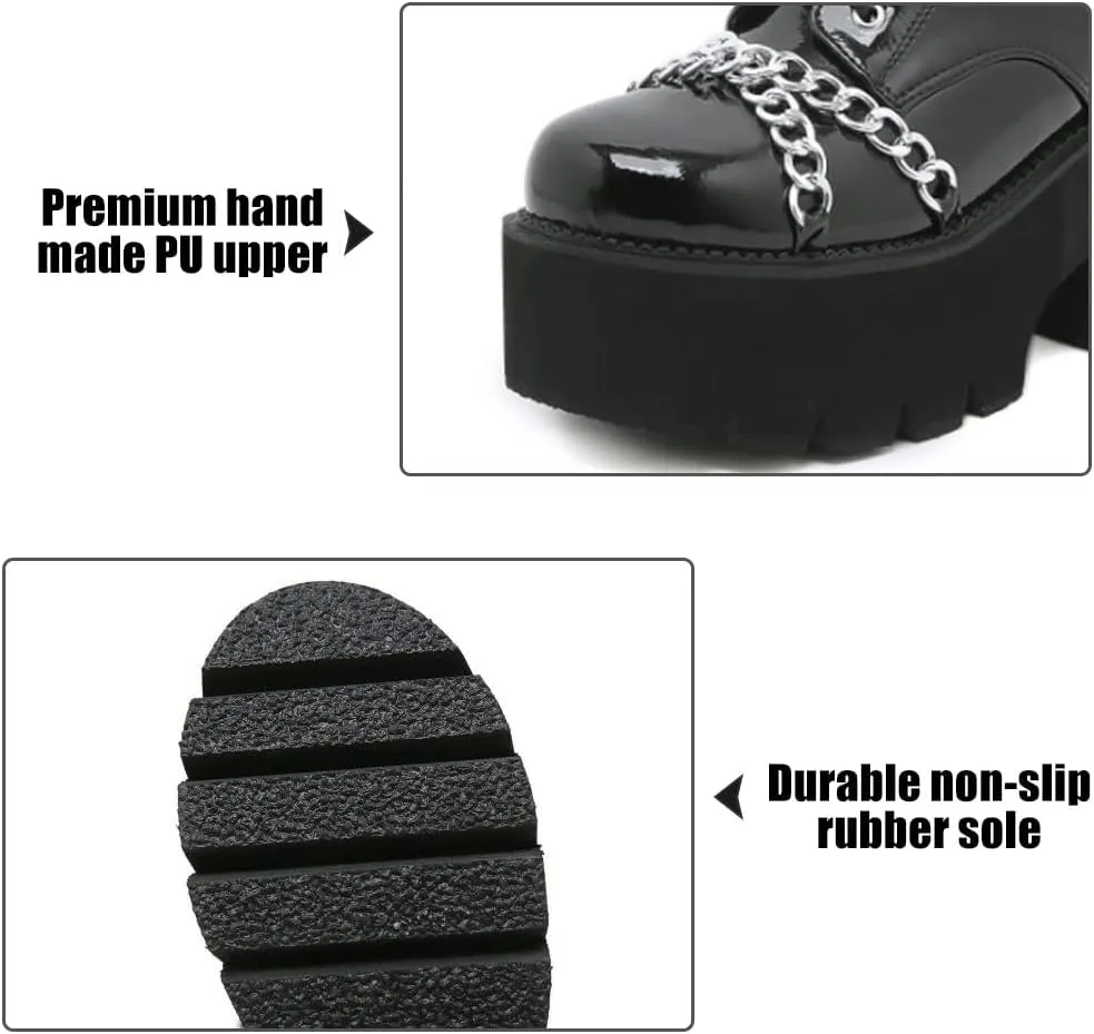 mikarka Women's Chain Platform Boots Lace Up & Zipper Chunky Heel Black Combat Ankle Booties Fashion Studded Motorcycle Boots