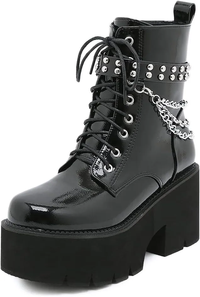 mikarka Women's Chain Platform Boots Lace Up & Zipper Chunky Heel Black Combat Ankle Booties Fashion Studded Motorcycle Boots