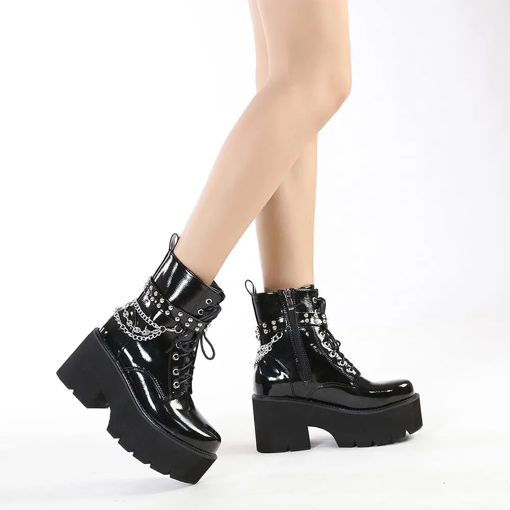 mikarka Women's Chain Platform Boots Lace Up & Zipper Chunky Heel Black Combat Ankle Booties Fashion Studded Motorcycle Boots
