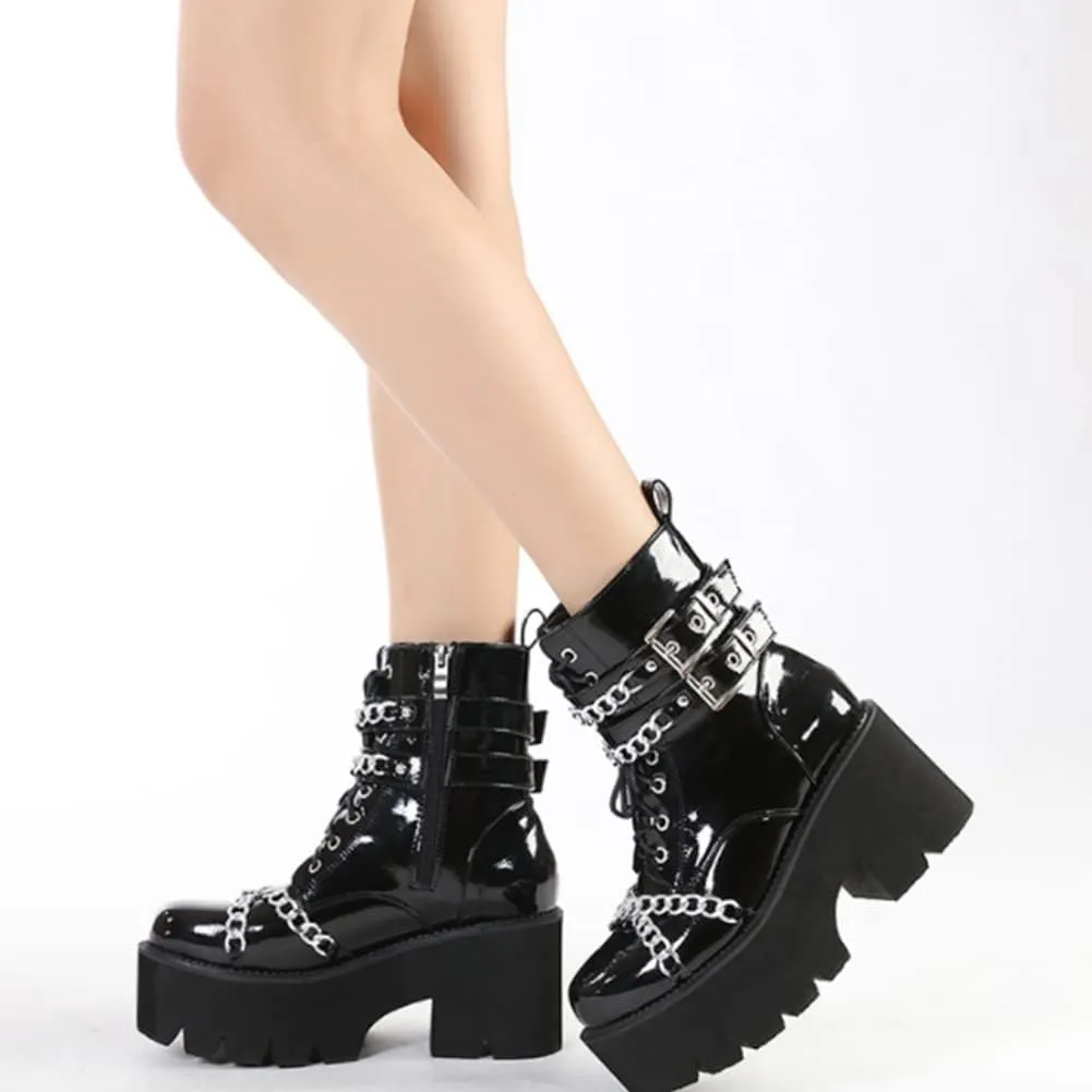 mikarka Women's Chain Platform Boots Lace Up & Zipper Chunky Heel Black Combat Ankle Booties Fashion Studded Motorcycle Boots