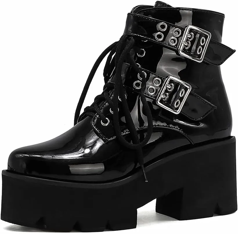 mikarka Women's Chain Platform Boots Lace Up & Zipper Chunky Heel Black Combat Ankle Booties Fashion Studded Motorcycle Boots
