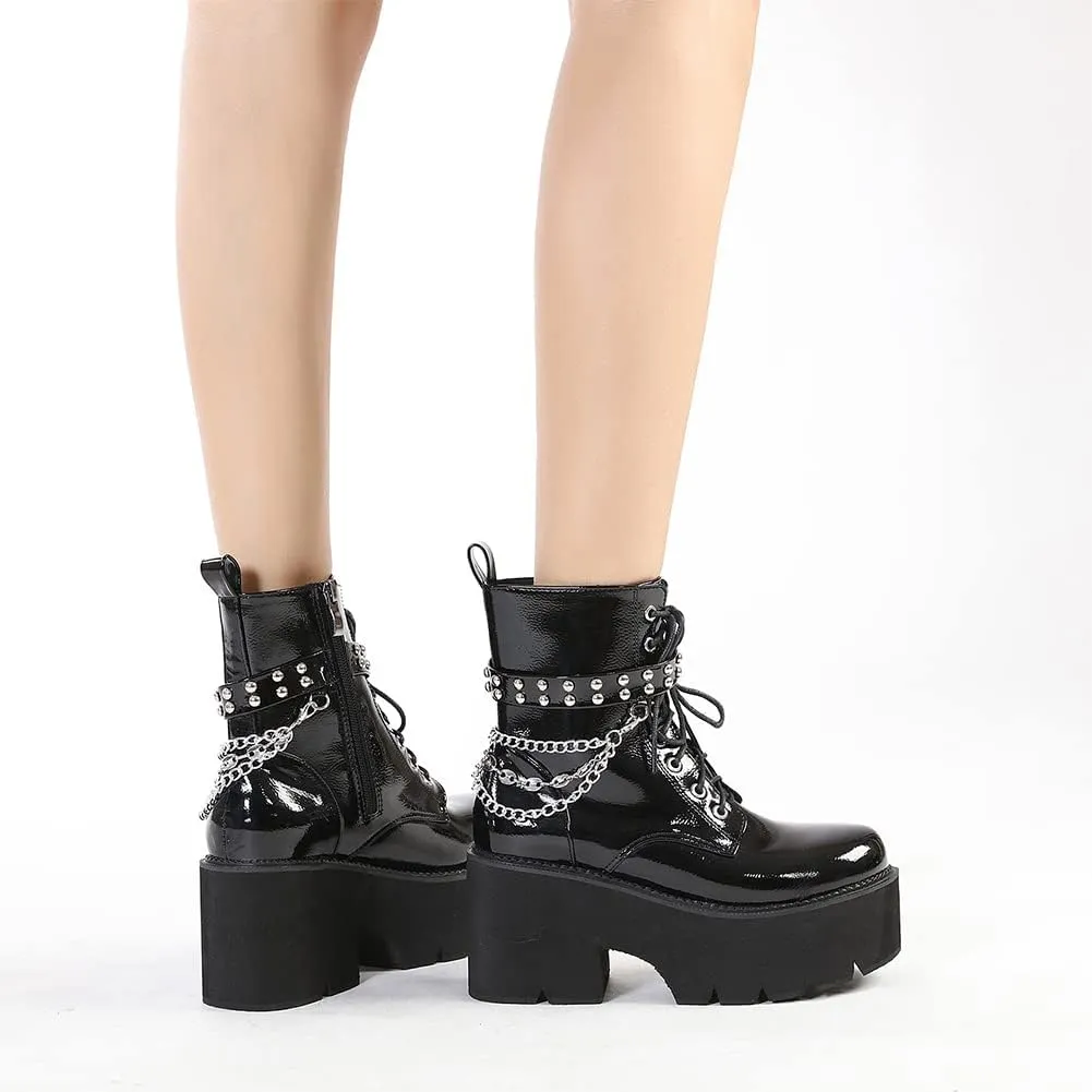 mikarka Women's Chain Platform Boots Lace Up & Zipper Chunky Heel Black Combat Ankle Booties Fashion Studded Motorcycle Boots