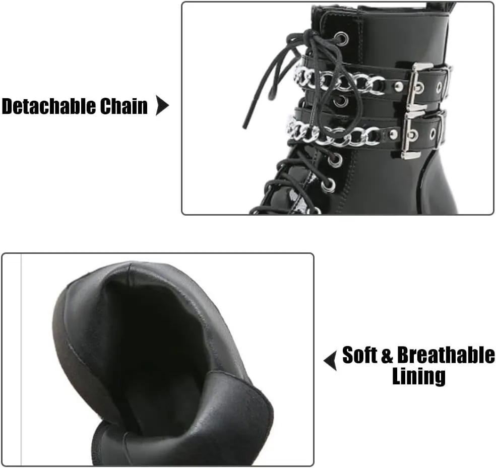 mikarka Women's Chain Platform Boots Lace Up & Zipper Chunky Heel Black Combat Ankle Booties Fashion Studded Motorcycle Boots