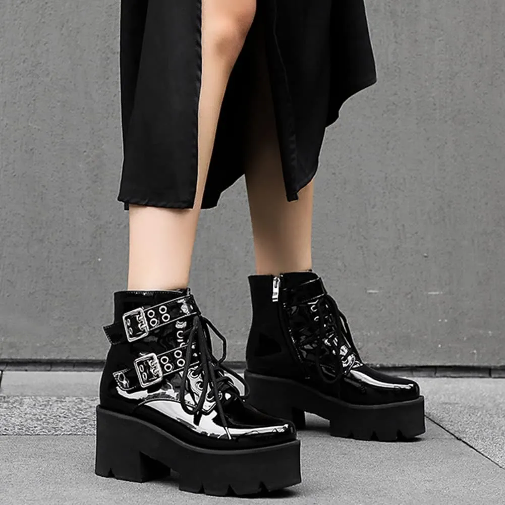 mikarka Women's Chain Platform Boots Lace Up & Zipper Chunky Heel Black Combat Ankle Booties Fashion Studded Motorcycle Boots
