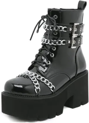 mikarka Women's Chain Platform Boots Lace Up & Zipper Chunky Heel Black Combat Ankle Booties Fashion Studded Motorcycle Boots