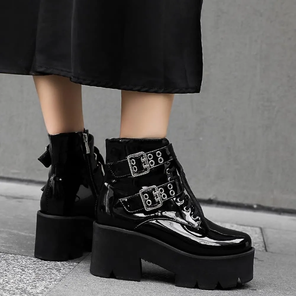 mikarka Women's Chain Platform Boots Lace Up & Zipper Chunky Heel Black Combat Ankle Booties Fashion Studded Motorcycle Boots