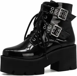 mikarka Women's Chain Platform Boots Lace Up & Zipper Chunky Heel Black Combat Ankle Booties Fashion Studded Motorcycle Boots