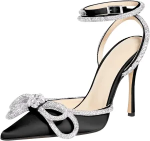MIRAAZZURRA Women High Heeled Sandals Satin Sparkly Rhinestone Double Bow Sandals Pointy Toe Stiletto Adjustable Crystal Ankle Straps Buckle Shoes Summer Bridal Shoes Black Size 8