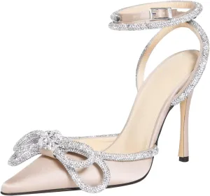 MIRAAZZURRA Women High Heeled Sandals Satin Sparkly Rhinestone Double Bow Sandals Pointy Toe Stiletto