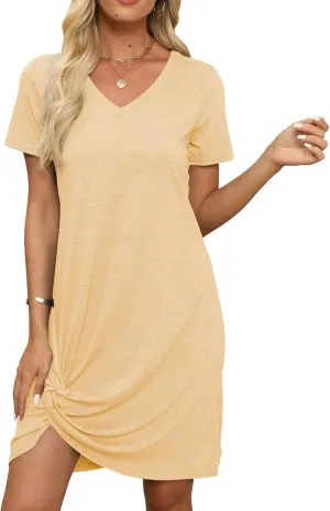 Miselon Tshirt Dresses for Women - Short Sleeve V Neck Knot T Shirt Dress Casual Summer Beach Sundresses