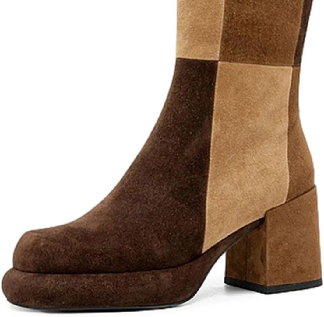 miss left Women Platform Knee High Boots Closed Round Toe Mid Chunky Heel Patchwork Winter Fall Boot Side Zip Dressy Daily Casual Party Walking Shoes Size 4-16 US
