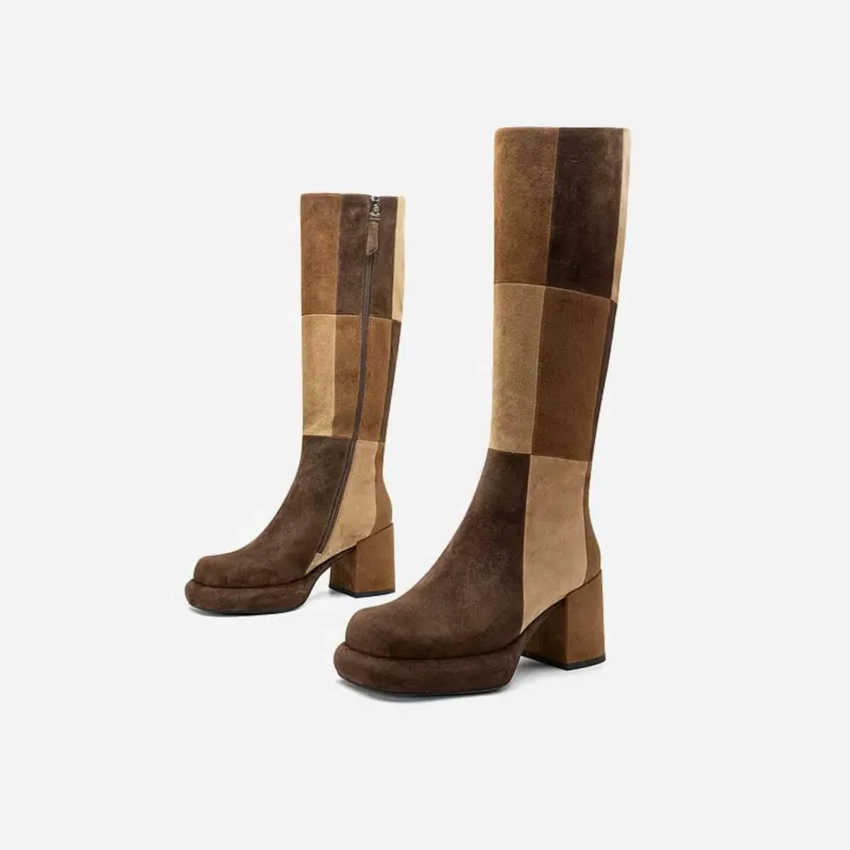 miss left Women Platform Knee High Boots Closed Round Toe Mid Chunky Heel Patchwork Winter Fall Boot Side Zip Dressy Daily Casual Party Walking Shoes Size 4-16 US