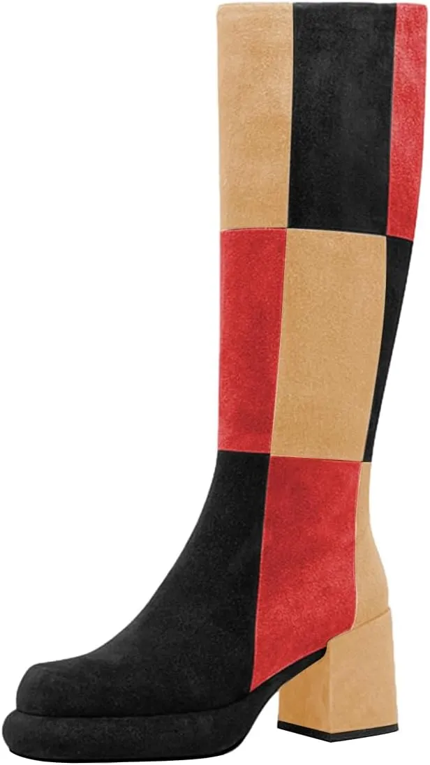 miss left Women Platform Knee High Boots Closed Round Toe Mid Chunky Heel Patchwork Winter Fall Boot Side Zip Dressy Daily Casual Party Walking Shoes Size 4-16 US