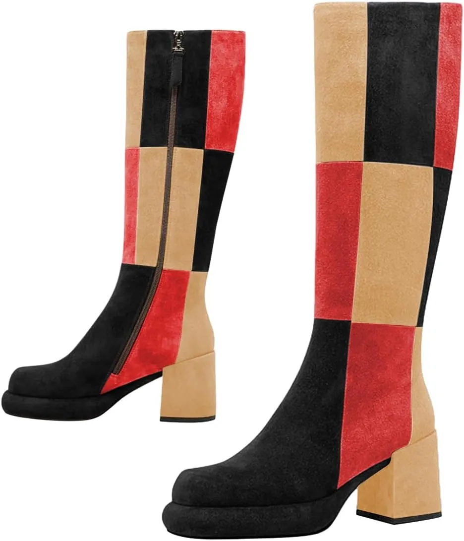 miss left Women Platform Knee High Boots Closed Round Toe Mid Chunky Heel Patchwork Winter Fall Boot Side Zip Dressy Daily Casual Party Walking Shoes Size 4-16 US