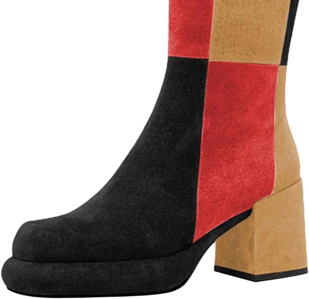 miss left Women Platform Knee High Boots Closed Round Toe Mid Chunky Heel Patchwork Winter Fall Boot Side Zip Dressy Daily Casual Party Walking Shoes Size 4-16 US