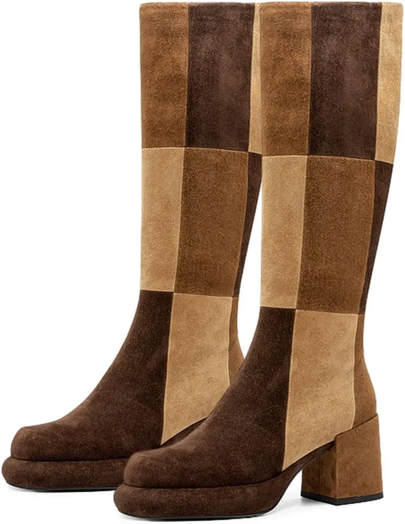 miss left Women Platform Knee High Boots Closed Round Toe Mid Chunky Heel Patchwork Winter Fall Boot Side Zip Dressy Daily Casual Party Walking Shoes Size 4-16 US