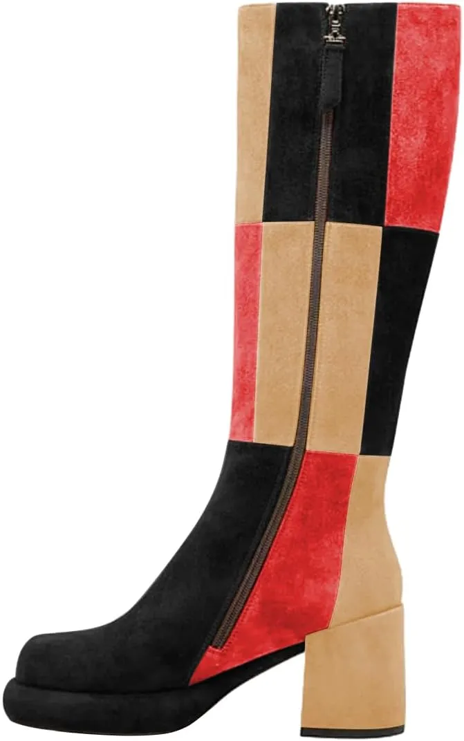 miss left Women Platform Knee High Boots Closed Round Toe Mid Chunky Heel Patchwork Winter Fall Boot Side Zip Dressy Daily Casual Party Walking Shoes Size 4-16 US