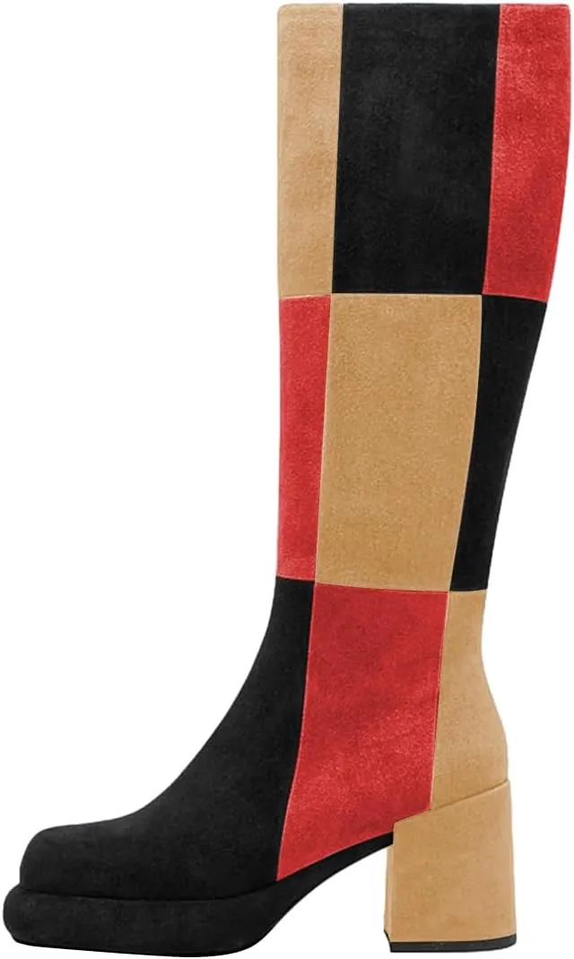 miss left Women Platform Knee High Boots Closed Round Toe Mid Chunky Heel Patchwork Winter Fall Boot Side Zip Dressy Daily Casual Party Walking Shoes Size 4-16 US