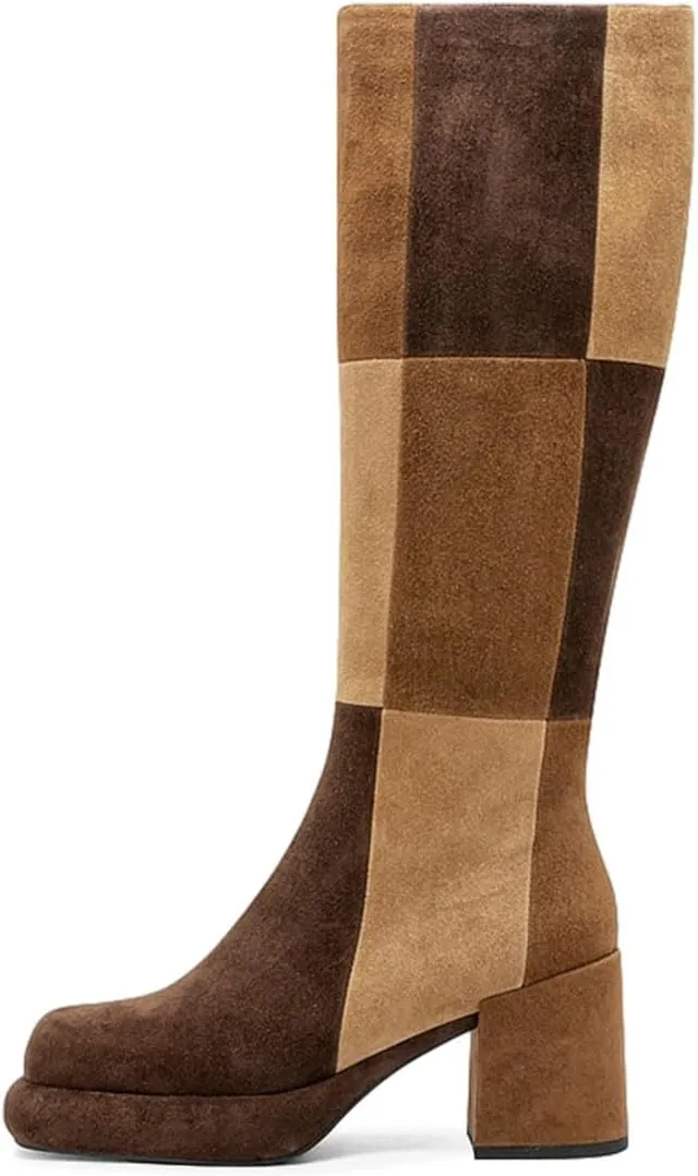 miss left Women Platform Knee High Boots Closed Round Toe Mid Chunky Heel Patchwork Winter Fall Boot Side Zip Dressy Daily Casual Party Walking Shoes Size 4-16 US
