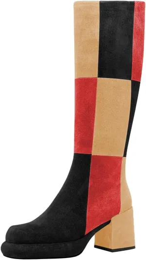 miss left Women Platform Knee High Boots Closed Round Toe Mid Chunky Heel Patchwork Winter Fall Boot Side Zip Dressy Daily Casual Party Walking Shoes Size 4-16 US