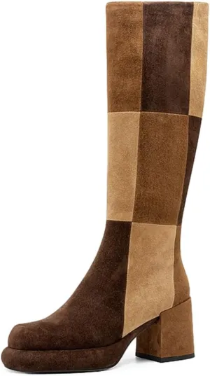 miss left Women Platform Knee High Boots Closed Round Toe Mid Chunky Heel Patchwork Winter Fall Boot Side Zip Dressy Daily Casual Party Walking Shoes Size 4-16 US