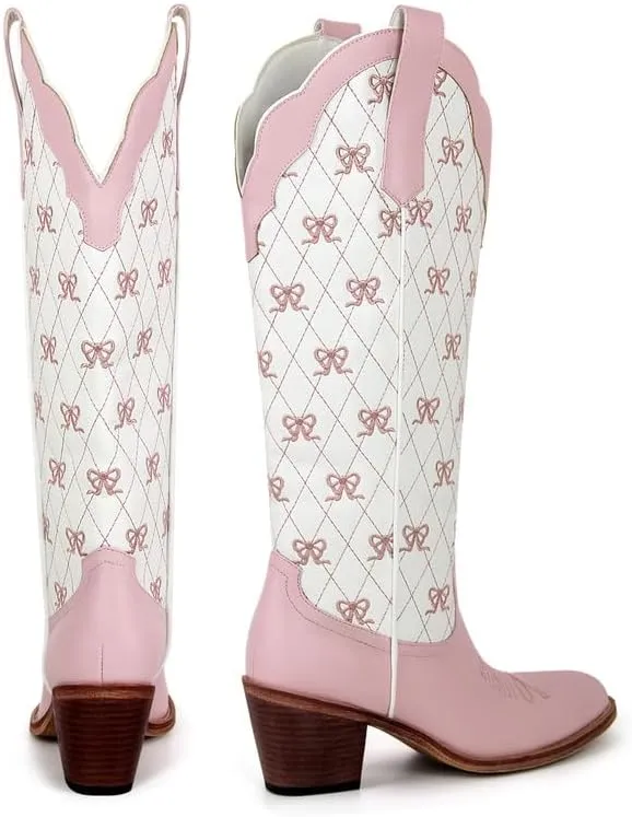 MissHeel Mini Bows Knee High Cowgirl Boots White Cowboy Boots for Women
