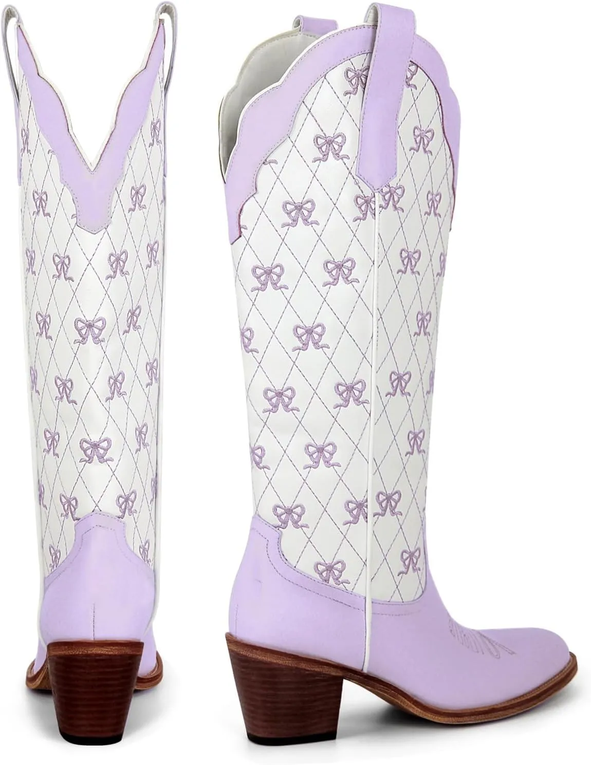 MissHeel Mini Bows Knee High Cowgirl Boots White Cowboy Boots for Women