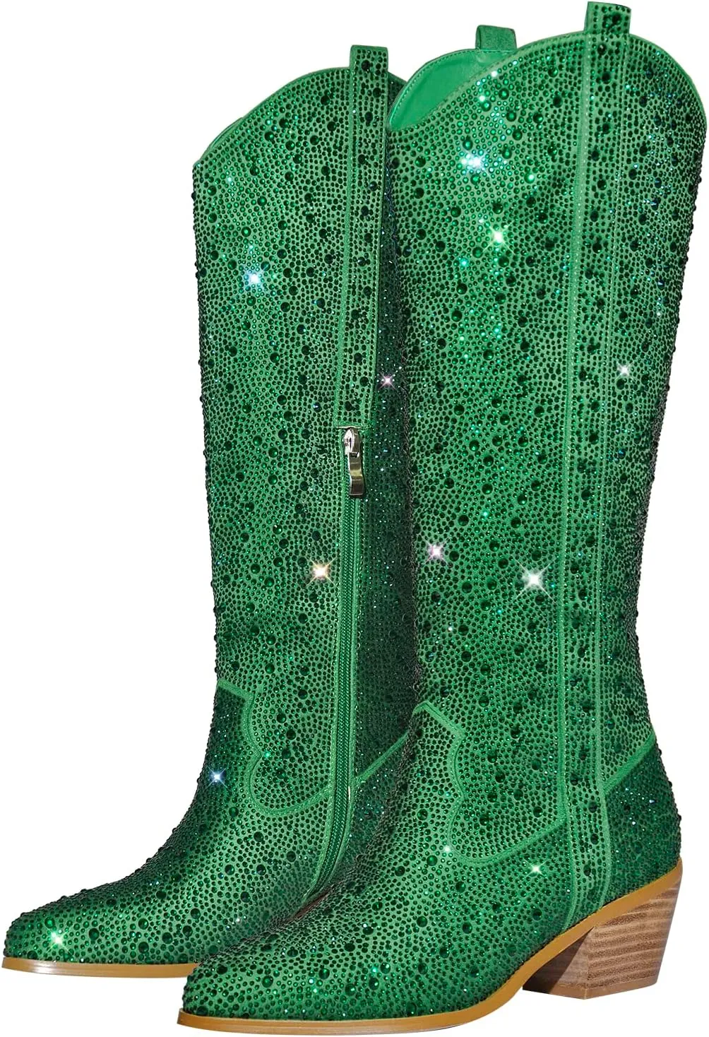 MissHeel Sparkly Rhinestones Knee High Boots Chunky Heels