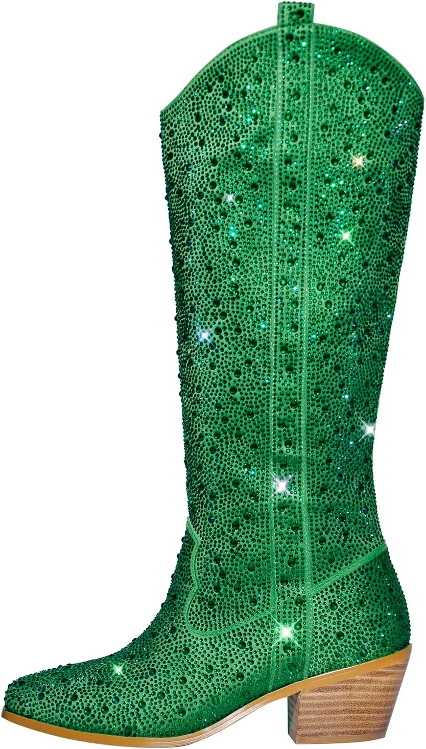 MissHeel Sparkly Rhinestones Knee High Boots Chunky Heels