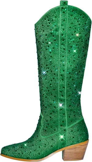 MissHeel Sparkly Rhinestones Knee High Boots Chunky Heels