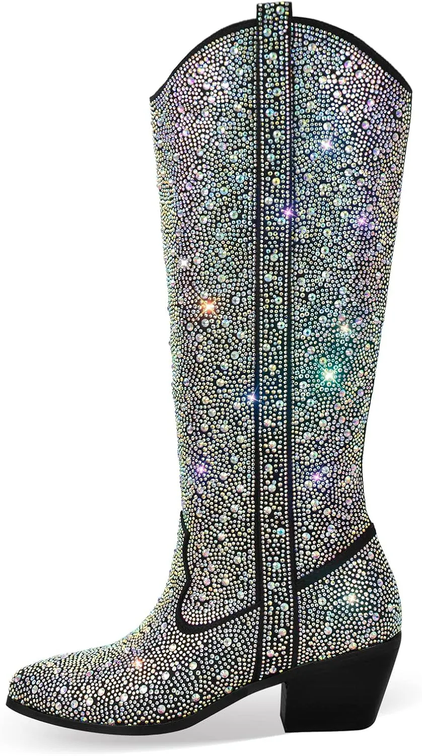 MissHeel Sparkly Rhinestones Knee High Boots Chunky Heels