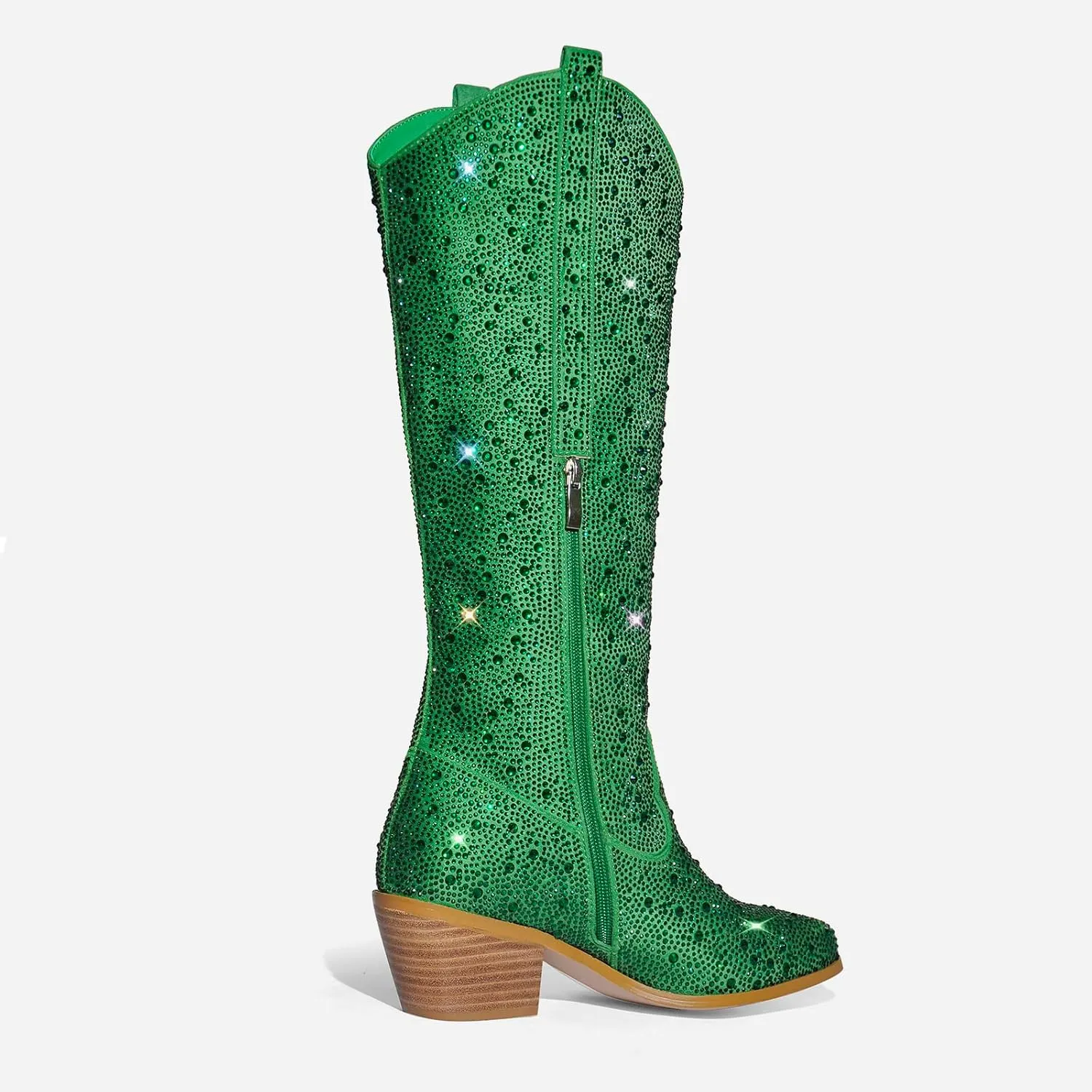 MissHeel Sparkly Rhinestones Knee High Boots Chunky Heels