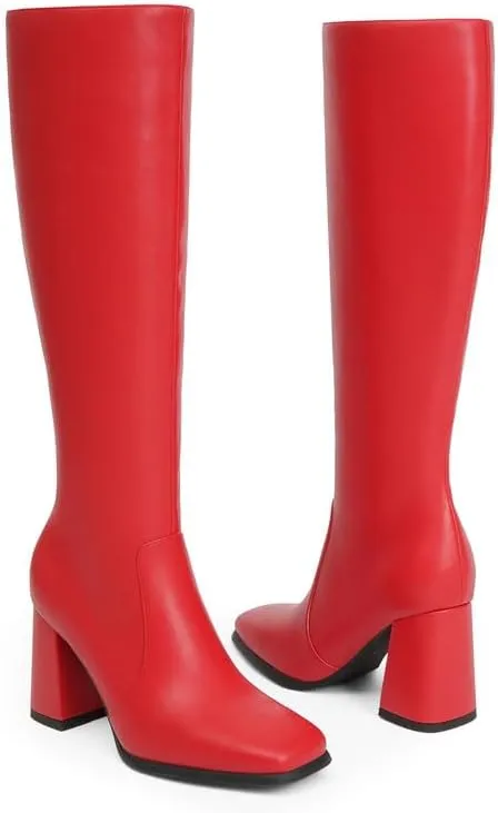 Modatope Knee High Boots Women Chunky Heel Square Toe Tall Boot for Women High Heel Side Zipper Long Boots