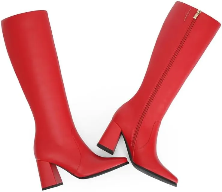 Modatope Knee High Boots Women Chunky Heel Square Toe Tall Boot for Women High Heel Side Zipper Long Boots