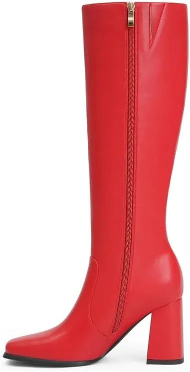 Modatope Knee High Boots Women Chunky Heel Square Toe Tall Boot for Women High Heel Side Zipper Long Boots